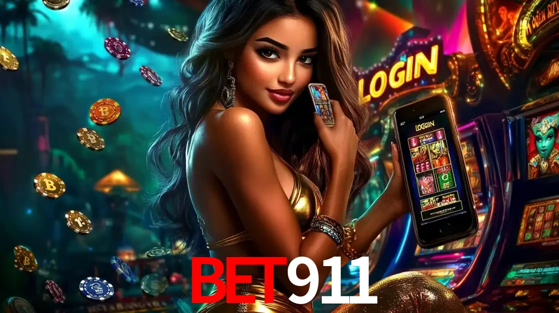 Mulher em um cenário de cassino temático de aventura, mostrando o app de caça-níqueis da BET911 no celular. Fichas de apostas flutuam ao redor.