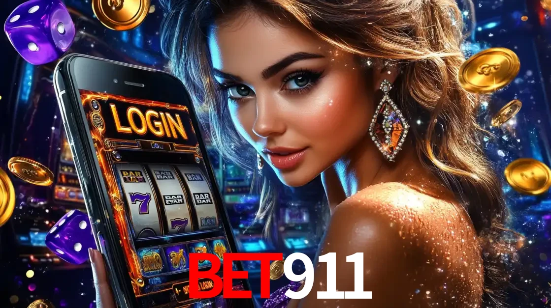 Mulher glamorosa segurando um smartphone com a tela de login para os jogos de caça-níqueis do cassino online BET911, com moedas de ouro e dados ao redor.
