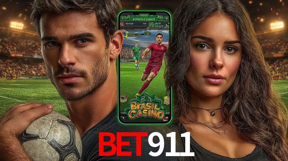 Homem segurando uma bola de futebol e uma mulher ao lado de um smartphone exibindo o jogo de apostas esportivas da BET911. Faça seu palpite no cassino online.
